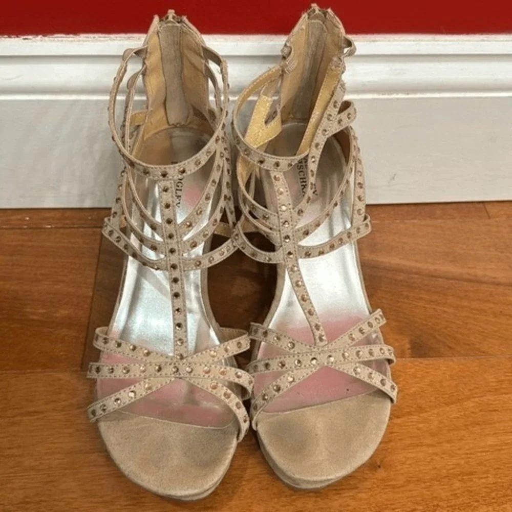 Badgley Mischka Wedge Sandals Womens Tan‎ Suede Rhinestone Strappy Cage 5M